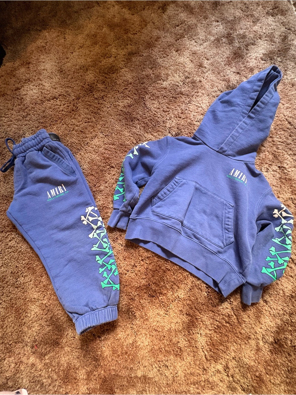 AMIRI Kids blue Hoodie & Joggers Set with Green Graphic Accents